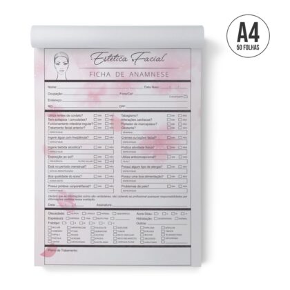 Bloco Ficha De Anamnese Estética Facial Tamanho A4 - 50 Folhas (Estética, Esteticista, Limpeza Pele)