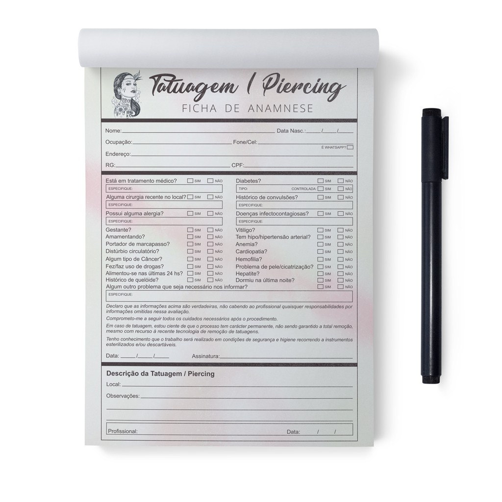 Kit Bloco Ficha De Anamnese + Cuidados Tatuagem / Tatoo / Tatuador - Imagem 2