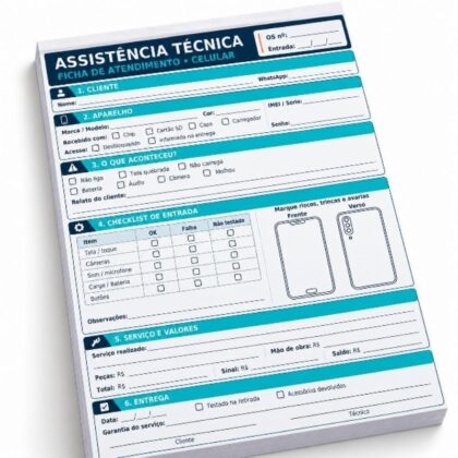 Bloco Autocopiativo 2 Vias Ficha Ordem de Serviço para Assistência Técnica Celular Smartphone