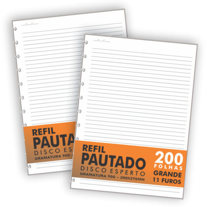 Refil Genérico 200 Folhas Compatível Caderno de Discos e Inteligente Grande 11 Furos Pautado 90g