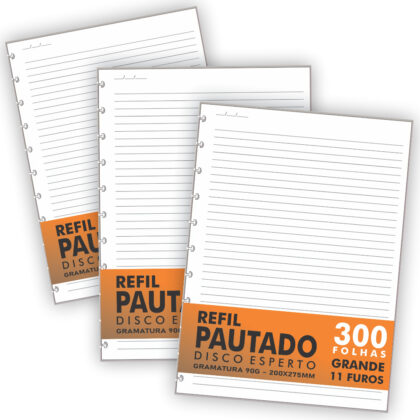 Refil Genérico 300 Folhas Compatível Caderno de Discos Grande e Inteligente 11 Furos Pautado 90g