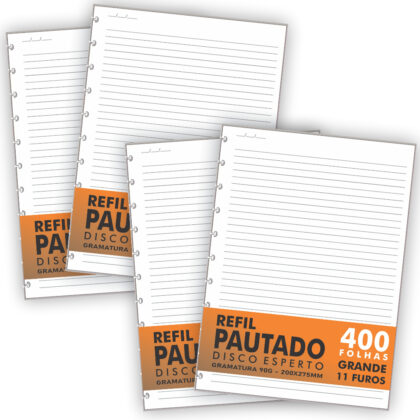 Refil Genérico 400 Folhas Compatível Caderno de Discos e Inteligente Grande 11 Furos Pautado 90g
