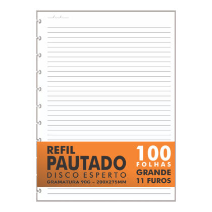 Refil Genérico Pautado Compatível Caderno Discos e Modelo Inteligente 100 Folhas Grande 11 Furos 90g