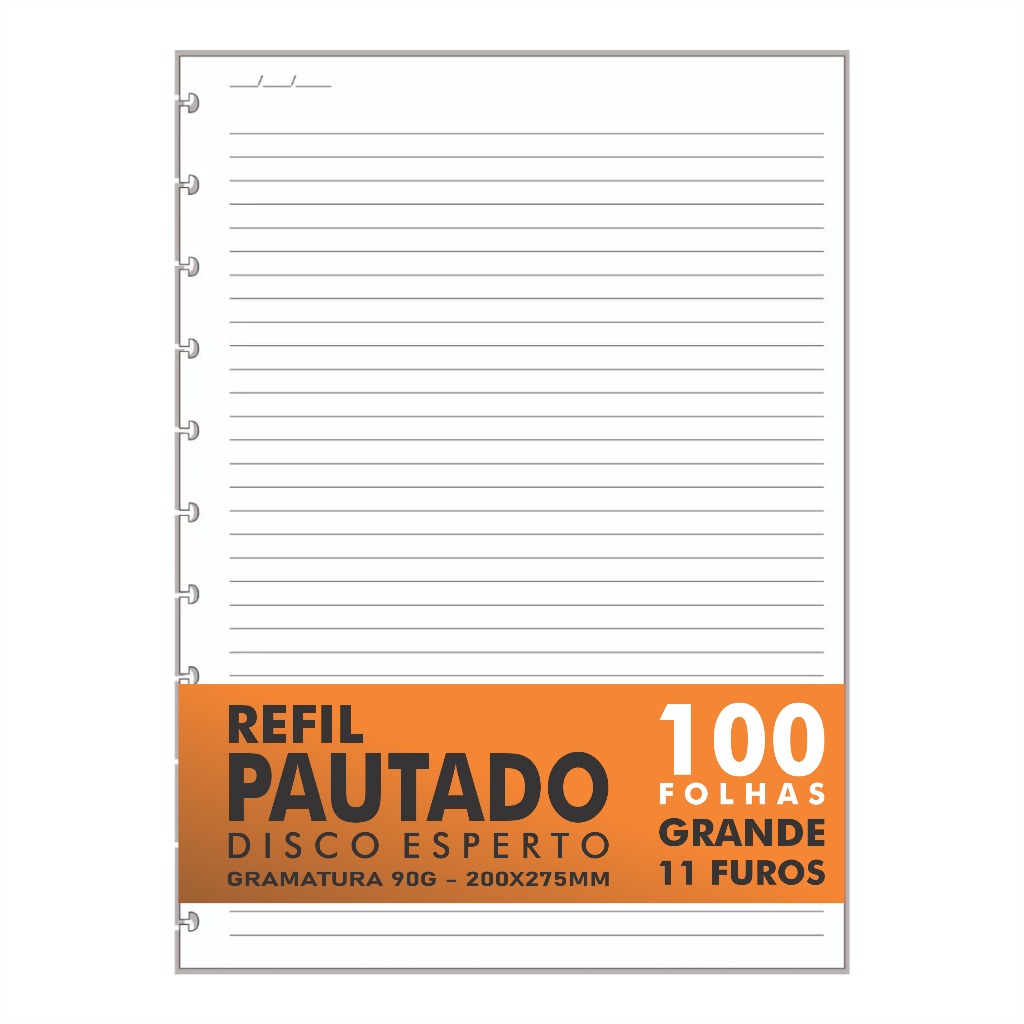 Refil Genérico Pautado Compatível Caderno Discos e Modelo Inteligente 100 Folhas Grande 11 Furos 90g