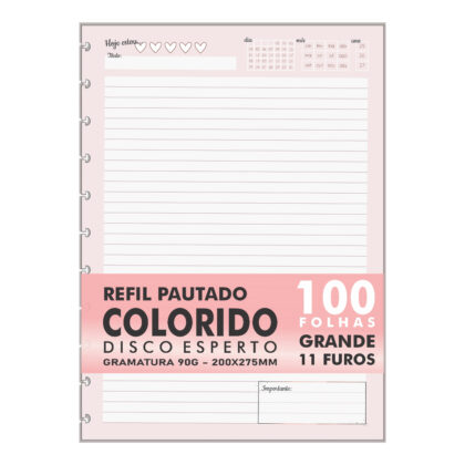 Refil Genérico Colorido Grande 11 Furos Feminino Rosê Compatível Cadernos de Discos e Inteligente