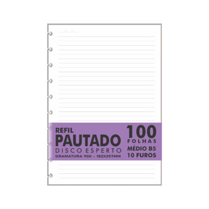 Refil Genérico Pautado Compatível Caderno Discos e Inteligente 100Fls Médio Colegial B5 10 Furos 90g
