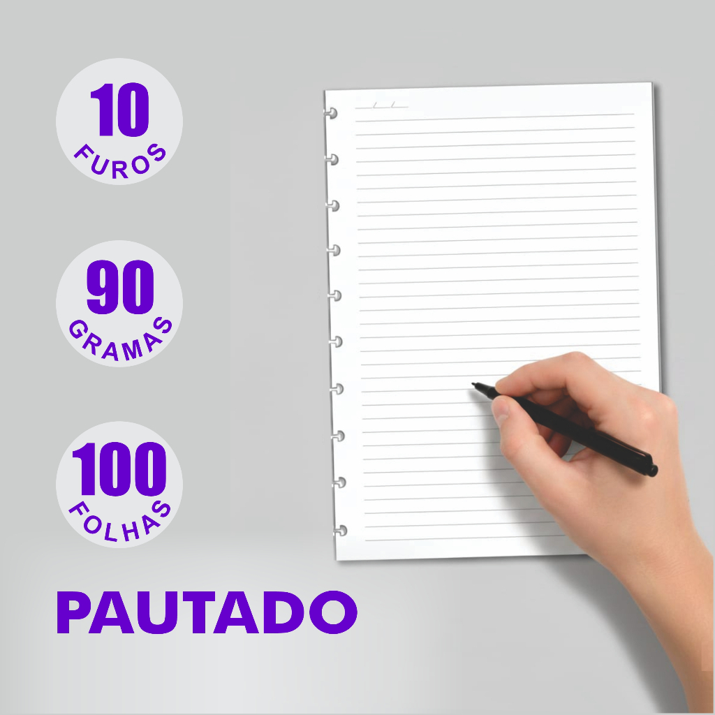 Refil Genérico Pautado Compatível Caderno Discos e Inteligente 100Fls Médio Colegial B5 10 Furos 90g - Imagem 2