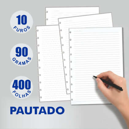 Refil Genérico Pautado Compatível Cadernos de Discos e Inteligente 400 Folhas Médio B5 10 Furos 90g