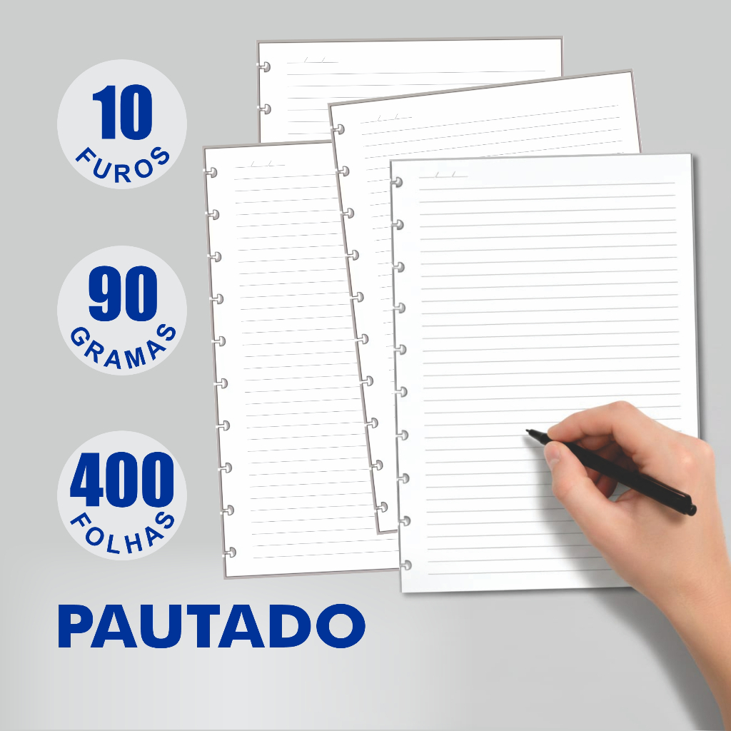 Refil Genérico Pautado Compatível Cadernos de Discos e Inteligente 400 Folhas Médio B5 10 Furos 90g