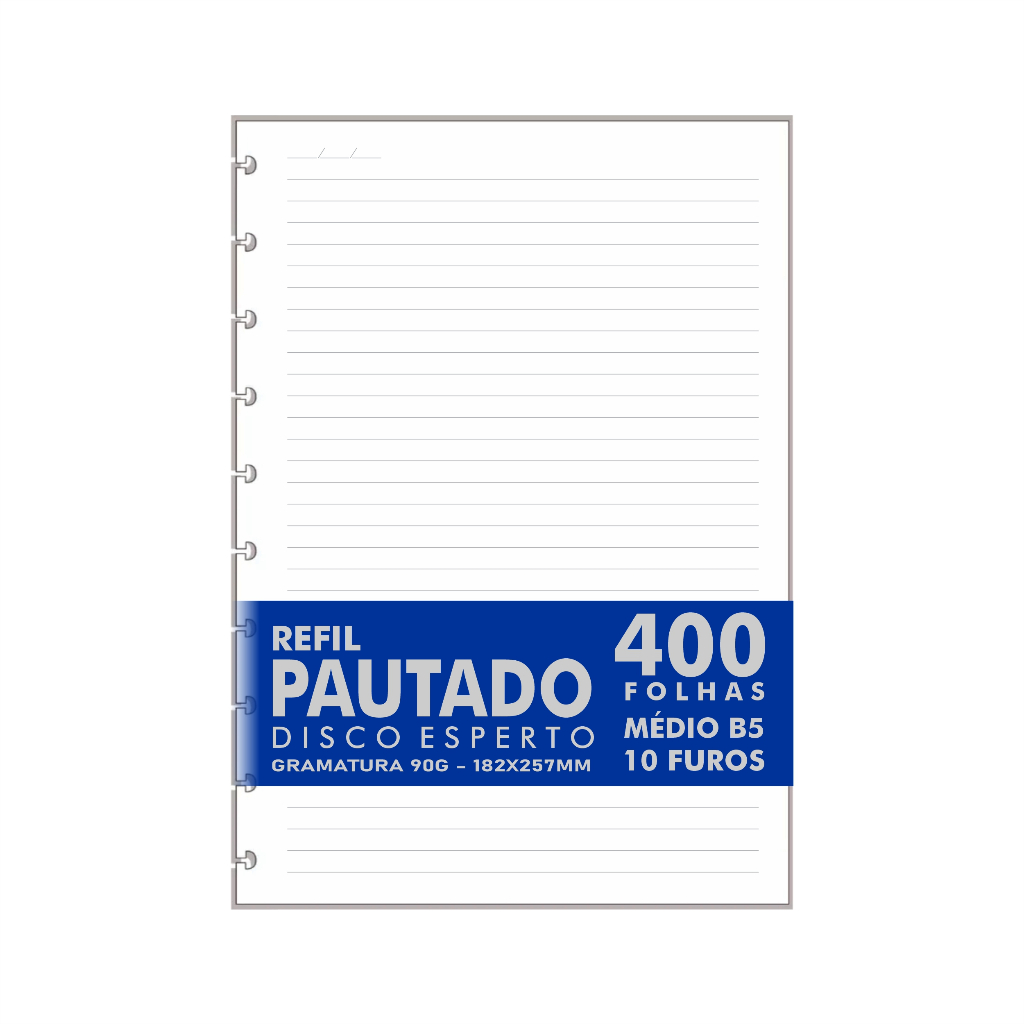 Refil Genérico Pautado Compatível Cadernos de Discos e Inteligente 400 Folhas Médio B5 10 Furos 90g - Imagem 2