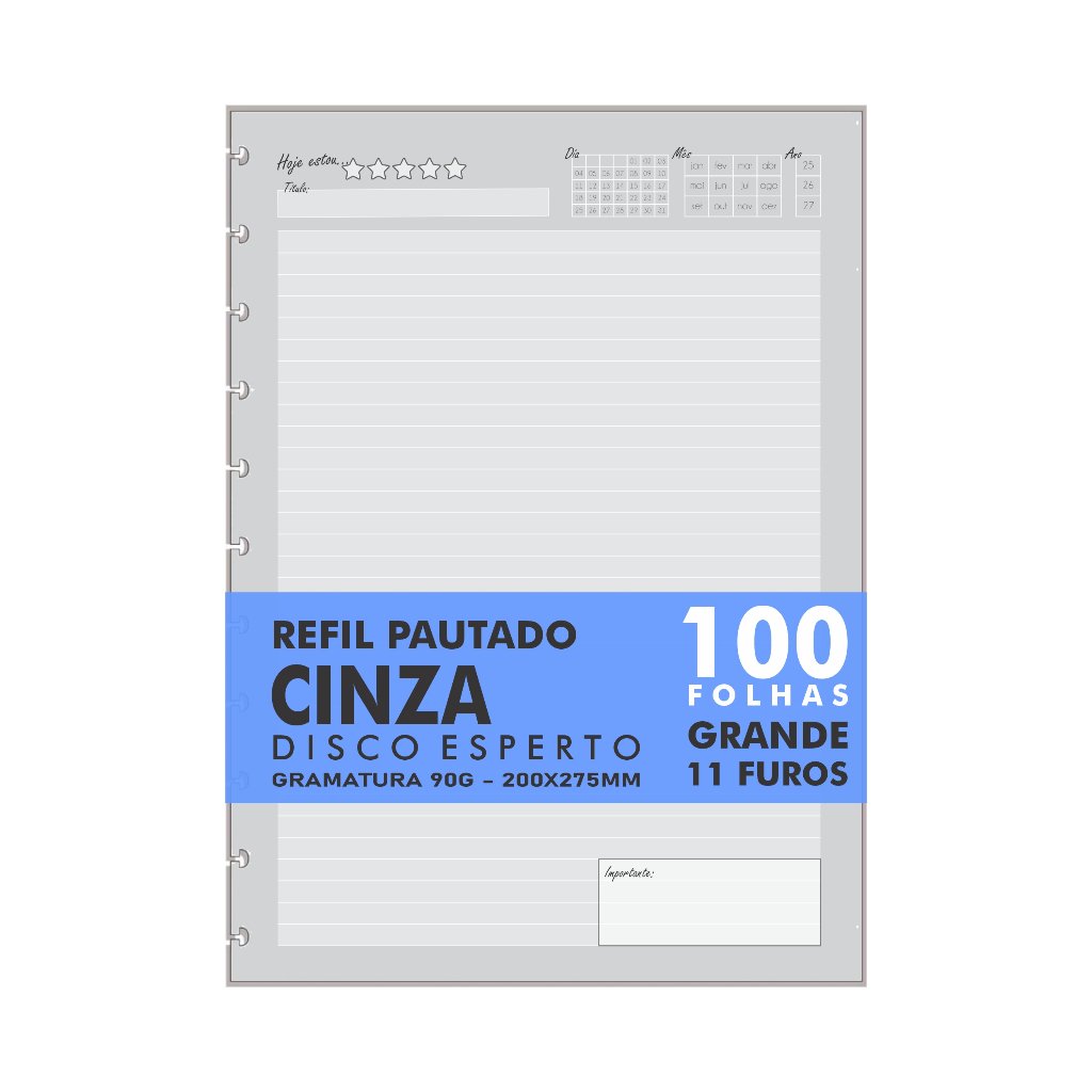 Refil Genérico Cinza Grande 11 Furos Compatível Cadernos de Discos - Imagem 2