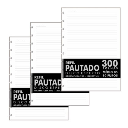 Refil Genérico Pautado Compatível Caderno Discos e Inteligente 300Fls Colegial Médio B5 10 Furos 90g
