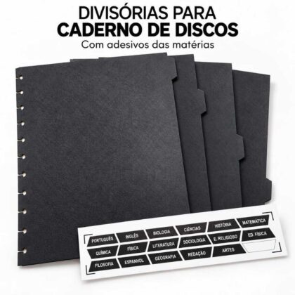 Kit 8 Divisórias Pretas para Caderno de Discos com Abas e Adesivos de Matérias Compatível c/ Modelos Inteligentes