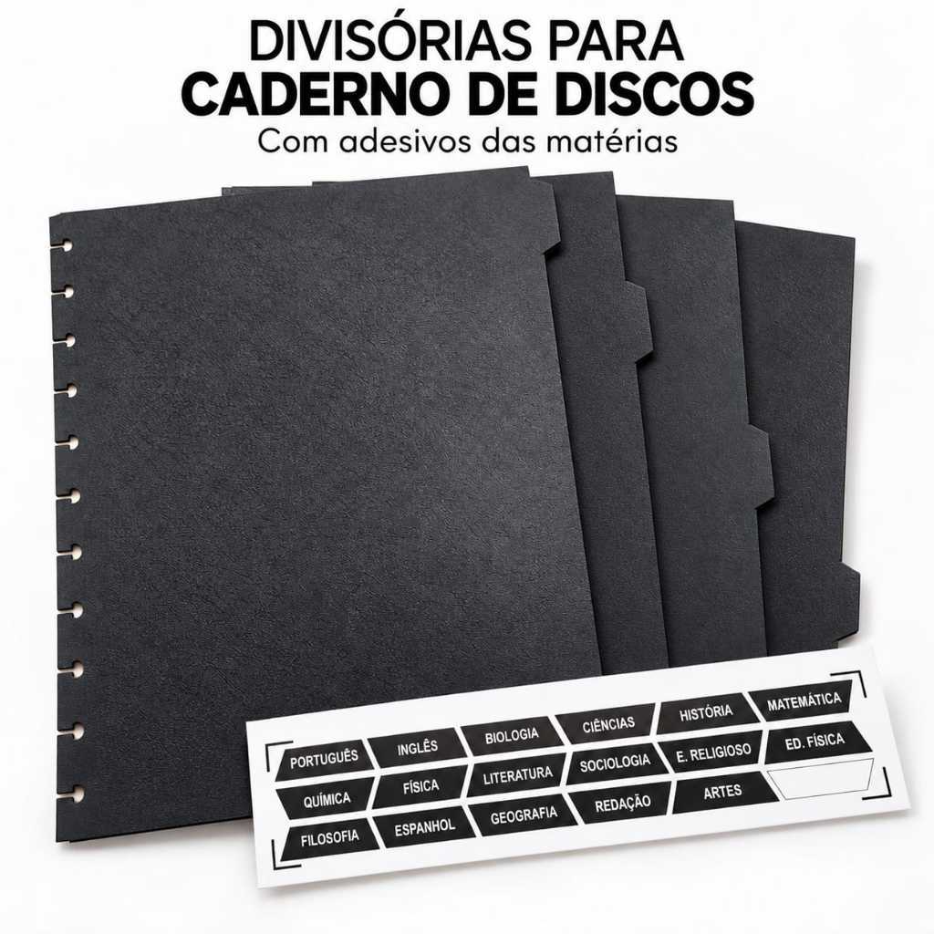Kit 8 Divisórias Pretas para Caderno de Discos com Abas e Adesivos de Matérias Compatível c/ Modelos Inteligentes