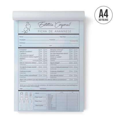 Bloco Ficha De Anamnese Estética Corporal Tamanho A4 - 50 Folhas
