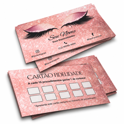 Cartão de Visita e Fidelidade para Cílios — Glitter Rosa (500 ou 1000 unidades)