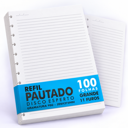 Refil Genérico Compatível Caderno Discos e Inteligente com Pauta 100 Folhas Grande 11 Furos 90g