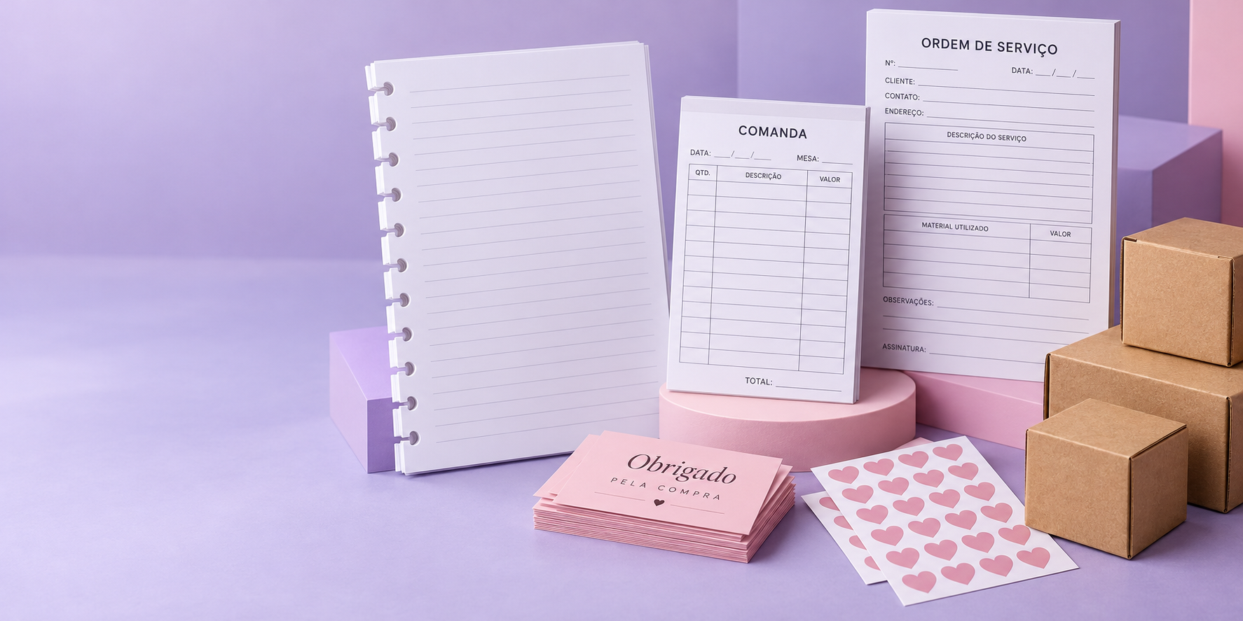 Refis, comandas, blocos profissionais, cartões e adesivos em uma composição roxa e rosa